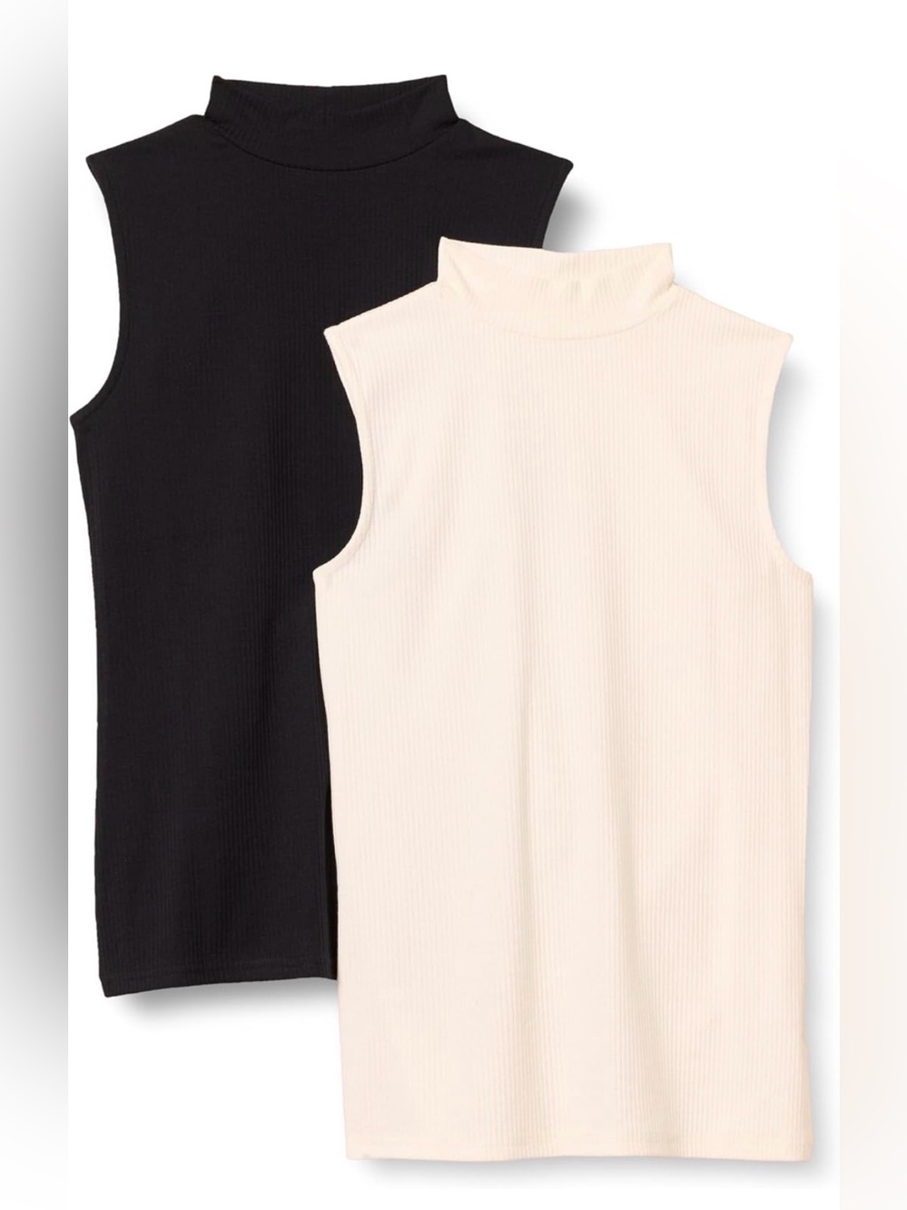 NWOT, 2 Amazon Essentials Mock-Neck Rib-Knit Sleeveless Top, Black, Eggshell, XL